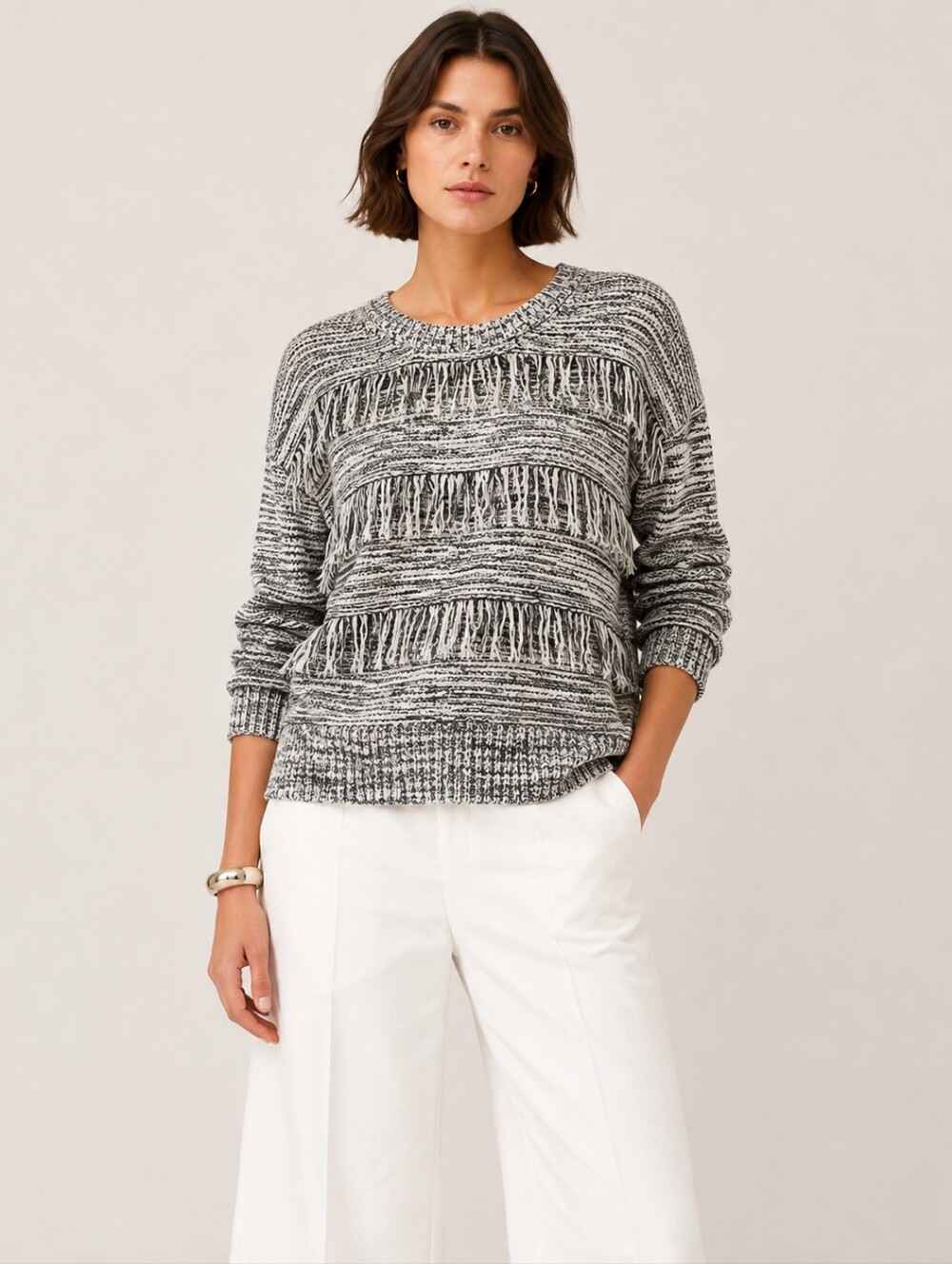 Express Fringe Black and White Sweater